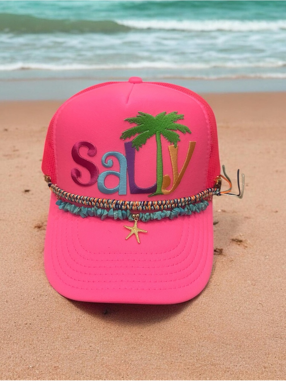 OTTO Pink "Salty" Palm Tree Embroidered Trucker Hat with Bead Trim
